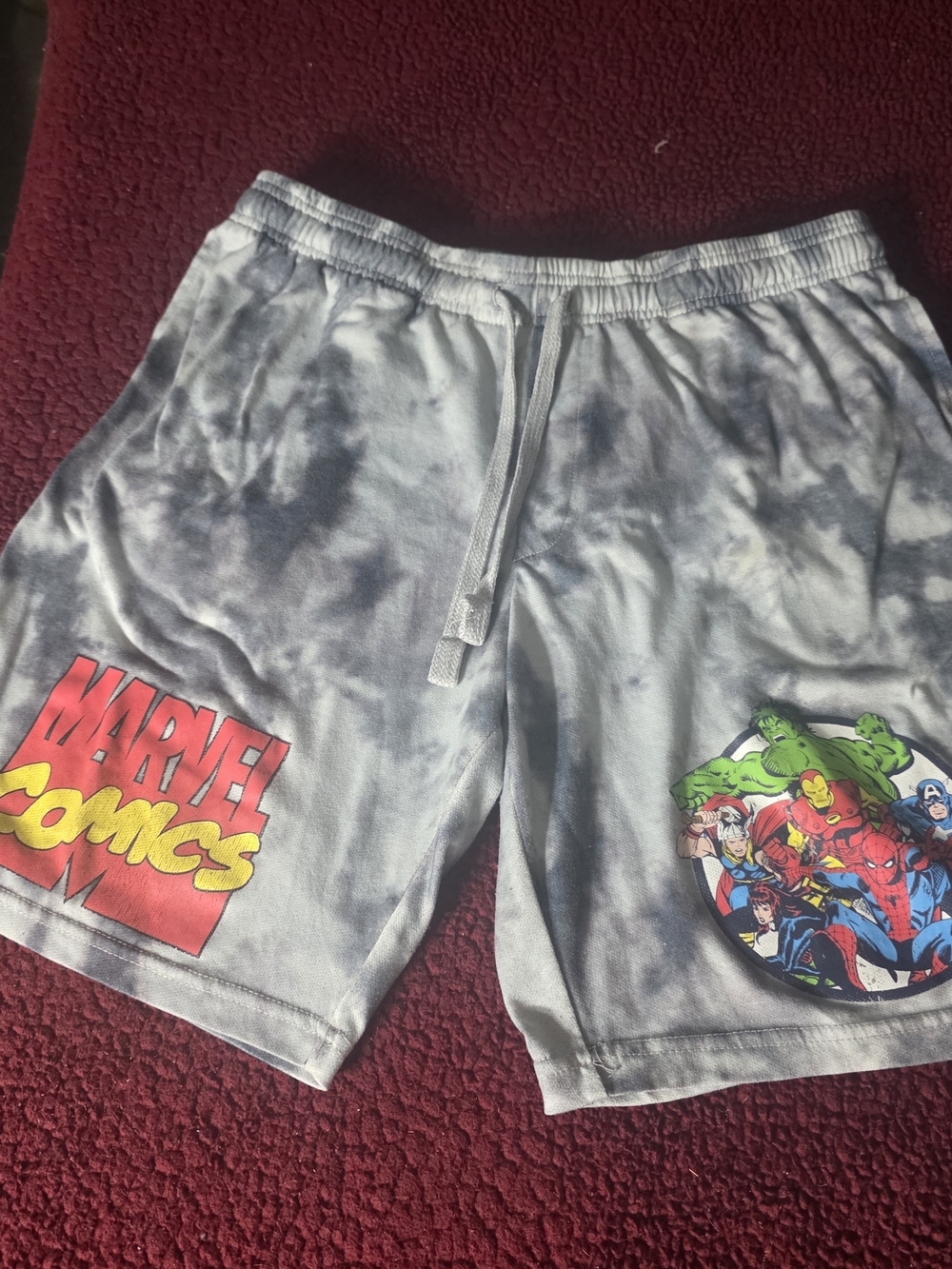 Marvel Gray Tie-Dye Athletic Shorts with Colorful Superhero Graphics, L